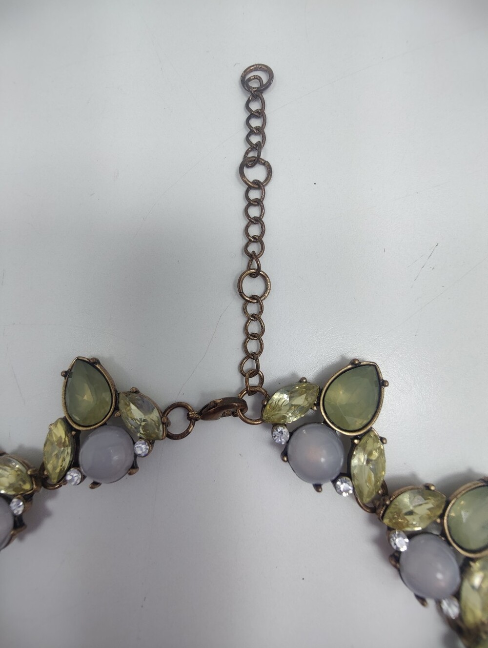 Vintage Style Lavender Green Statement Necklace Bronze Tone Rhinestone Floral - Picture 6 of 10